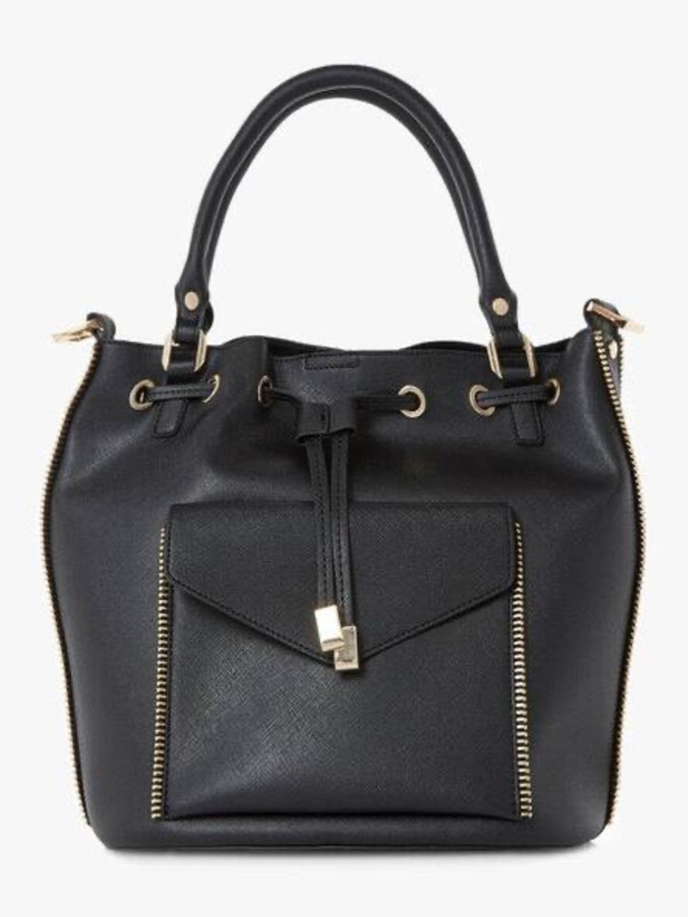 Dune Classic Black Leather Drawstring Bucket Bag-